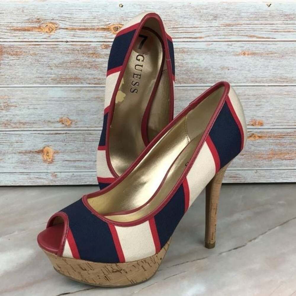 Guess Tempest Open Toe Platform Cork Heels Striped Red/Blue/Ivory
